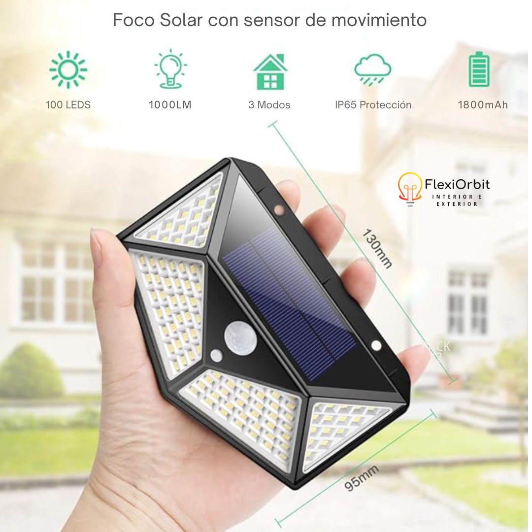 FlexiOrbit-Foco Solar con 100 LEDS, Sensor de Movimiento y Ángulo de 270º